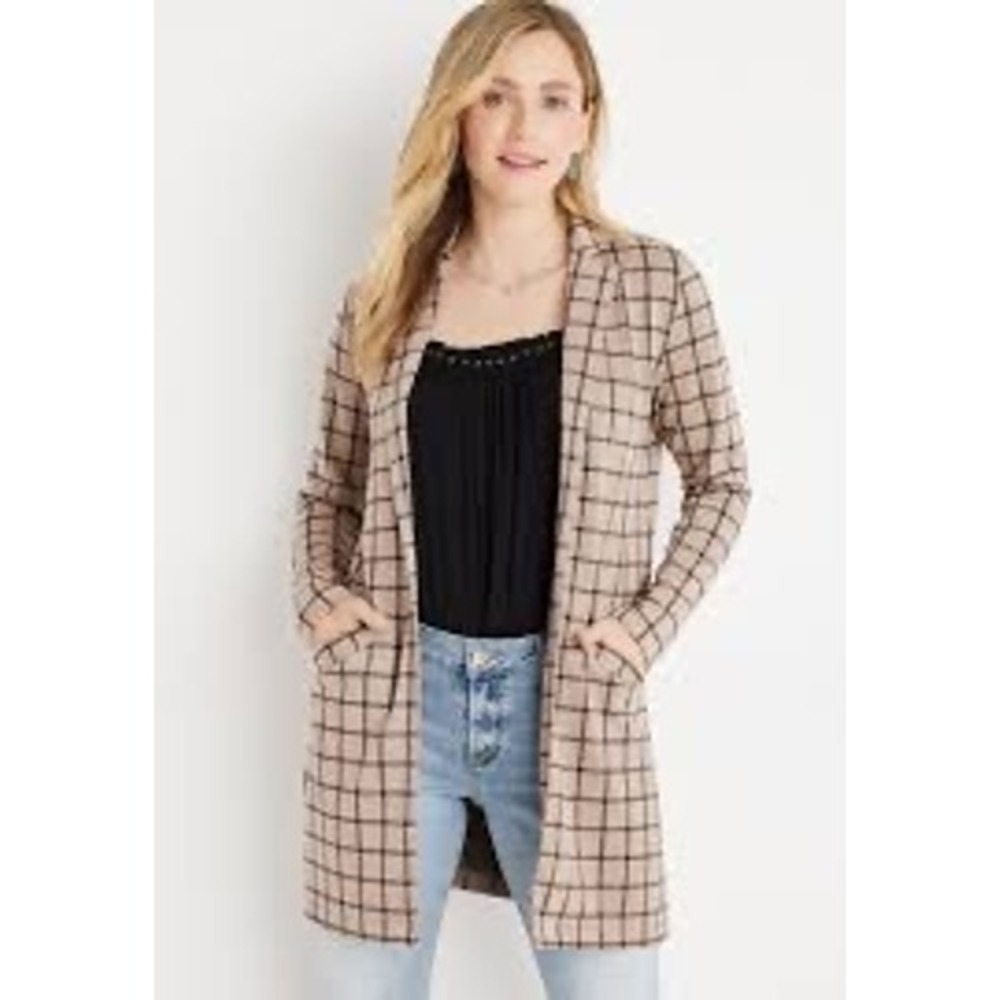 Maurices Plaid Open Front‎ Cardigan Blazer Womens XL Tan Black Excellent Pockets
